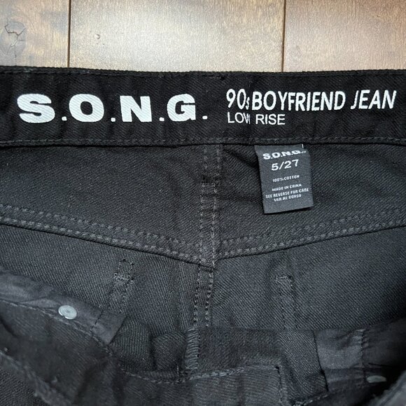 S.O.N.G. Women's 90s Boyfriend Low Rise Distressed Black Demin Jean, Size 5/27 - Picture 6 of 12